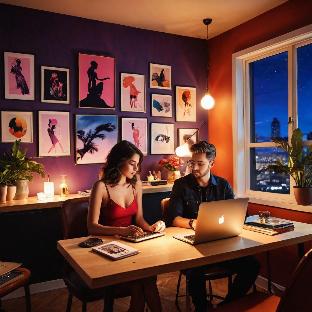A captivating scene featuring an eclectic mix of sensual artwork, tastefully arranged to depict the essence of adult entertainment. Include vibrant colors, playful silhouettes of couple interactions, and elements of blogging such as open laptops, writing tools, and digital art. Create a warm and inviting atmosphere, highlighting themes of exploration and creativity in a mature context. The backdrop should be a stylish and modern space with soft lighting that enhances the sensual vibe. super-realistic. vibrant colors. modern chic.