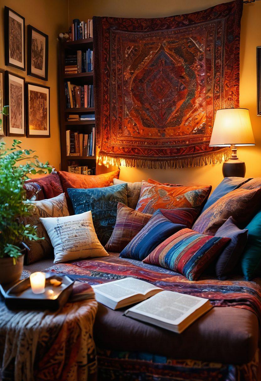 A cozy reading nook adorned with plush pillows and warm lighting, filled with scattered open books and a steaming cup of coffee. In the background, an abstract tapestry weaving vibrant colors and intricate patterns to symbolize the rich tapestry of adult stories. Soft silhouettes of figures engaged in conversation hint at intimate discussions. Artistic touches evoke a sense of comfort and exploration in mature blogging. super-realistic. vibrant colors. warm ambience.